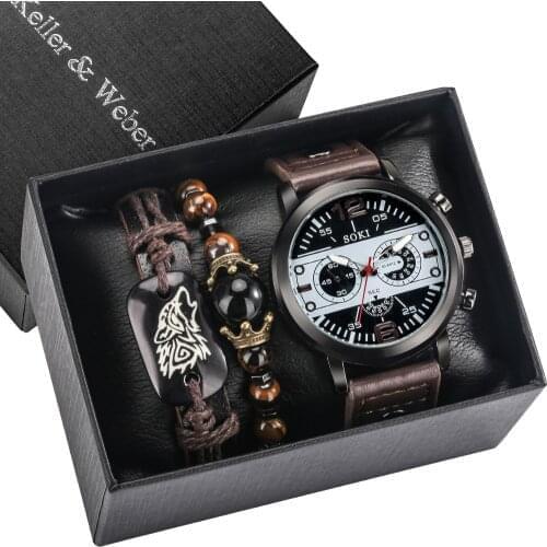 Mens Retro Watch Bracelet Gift Set Brown Quartz Arabic Numerals Dial Leather Strap Clock Men Bracelets Fine Gifts for Boy Male