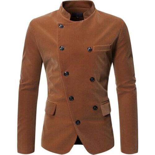 Mens Double Breasted Blazers Long Sleeve Slim Fit Stand Collar Jacket Coat Tops