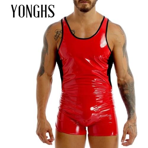 Mens Lingerie Latex Bodysuit Wet Look Patent Leather Color Block Design U Neck Backless Skin-Tight Leotard Short Bodysuit Jumps
