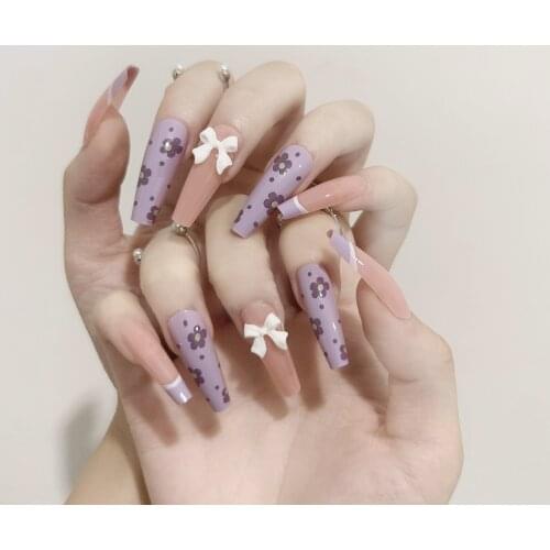 24pcs Purple Taro Flower Printed Mid-length Ballet Wearable Fake Nails press on Fresh Suitable Girl Woman Summer Nail Tips