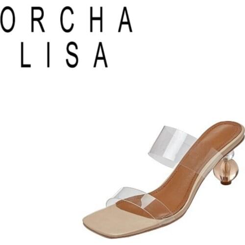 ORCHA LISA New Brand Women Slipper Summer Transparent PVC Sandals Crystal Strange Ball Heel Fashion Square Open Toe Party Shoes