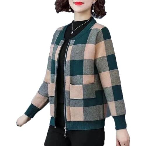 New Spring Autumn Womens Jackets Long-Sleeved Plaid Casual Middle-Aged Elderly Mother Coat Tops Cardigan Outerwear Plus 5XL