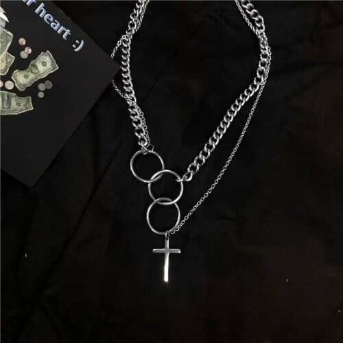 Harajuku Punk Circle Cross Pendant Necklace for Women Man Unisex Silver Color Metal Linked Chain Double Layers Chokers Necklace