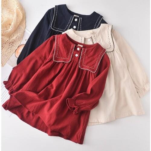 Girl Casual Dresses 2021 Spring Kids Clothes Children Big Turn-down Collar Costume Long Sleeve Fall Girl Vestido 3-7Y
