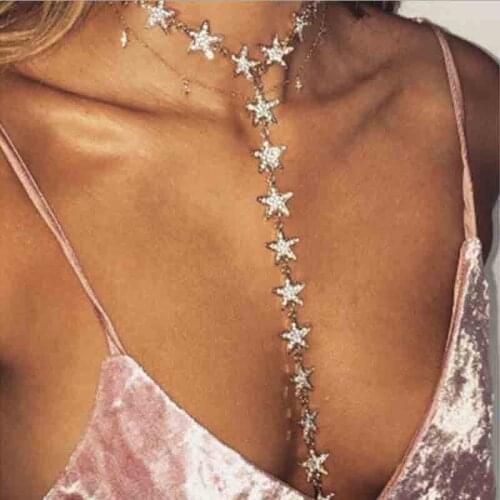 Luxury Gold Color Long Five Pointed Stars Choker Necklace 2018 New Crystal Rhinestone Necklace Women Fashion Body Jewelry