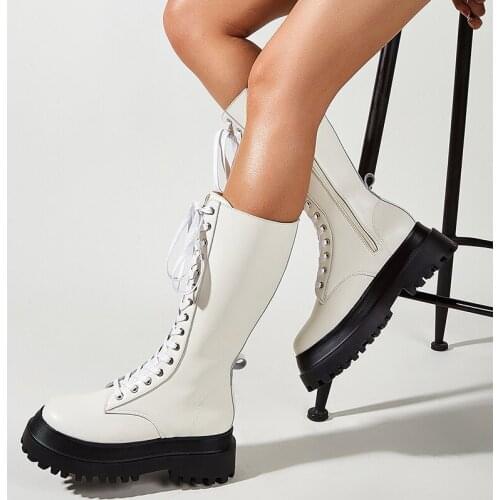 Winter for woman new fashion Round toe consice Motercycle boots Zipper Pure color White Cross tied White Knee high boots 35-41