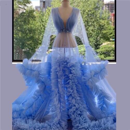 Blue Tulle Tiered Pregnant Celebrity Dress 2021 Transparent Robe De Soiree Women Sleepwear Dubai Party Prom Dress Custom Made