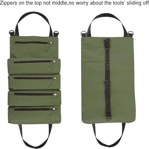 Roll Up Tool Bag,Multi-Purpose Tool Roll Organizer with 5 Zipper Pockets, Heavy Duty Canvas Tool Wrench Roll Up Hanging Pouch