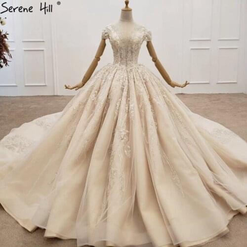 Serene Hill Dubai Champagne Short Sleeves Wedding Dress 2020 Luxury Sparkle Sequined Sexy Bridal Gown Custom Made CHX0157