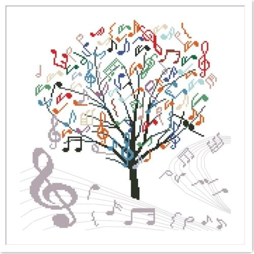 Tree singing cross stitch plant music 18ct 14ct 11ct white fabric cotton thread embroidery DIY handmade needlework