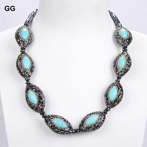 GuaiGuai Jewelry 20'' Blue Turquoise Gems Stone Black Crystal Pace Hematite Necklace For Women