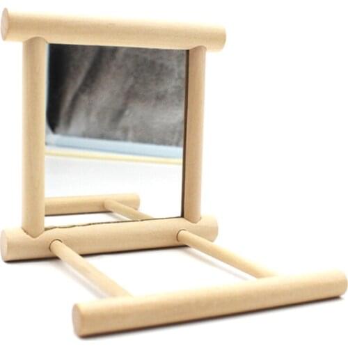 Funny Wooden Bird Toy Mirror Stand Platform Toys For Parrots Cockatiel Vogel Bird Mirror Cage Stand Bar Accessories