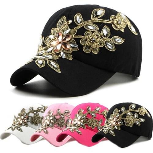 Women Baseball Cap With Flower Canvas Snapback Caps Female Cap Hat Rhinestone Denim Cap