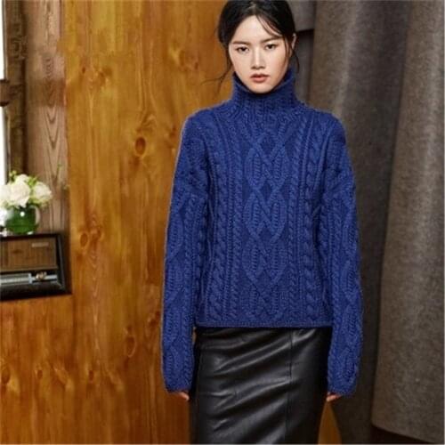 100% hand made pure wool turtleneck knit women streetwear solid loose short pullover sweater white 6color customized