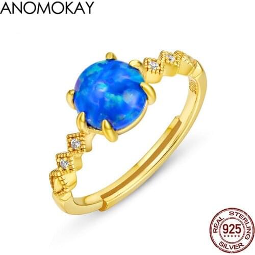 Anomokay Classic Royal Blue Round Opal Gold Color Rings for Women Luxury Jewelry Gift 925 Sterling Silver Adjustable Rings