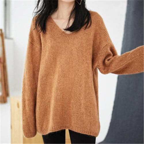 100%hand made wool Vneck knit women streetwear solid loose pullover sweater one&over size