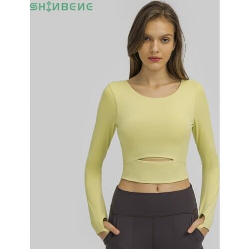 SHINBENE CUTOUT Padded Yoga Long Sleeve Crop Top Pullover Women O Neck Plus Size Fitness Workout Sport Jersey with Built In Bra