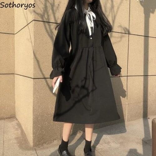 Long Sleeve Dress Women Patchwork Bow Knot Kawaii Japanese Style All-match A-line Casual Daily Womens Clothing Vintage Fashion