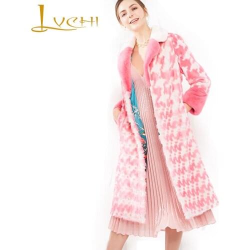 LVCHI Winter 2019 Imported Velvet Mink Coat Pink Womens Natural Fur Slim Coat Print Turn-Down Collar Mink Coats Slim Mink Coats