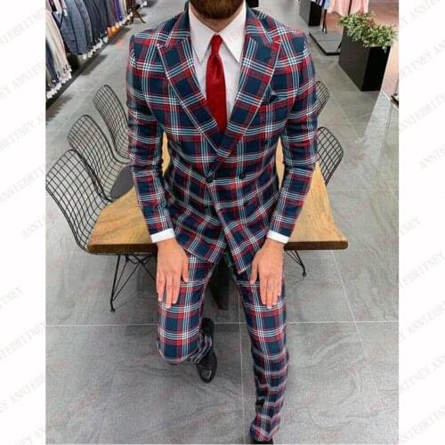 2020 Mens Suits British Stylish Double Breasted Mens Suit Slim Fit Tailored Plaid Party Wedding Tuxedo Blazer with Pants 2Pcs