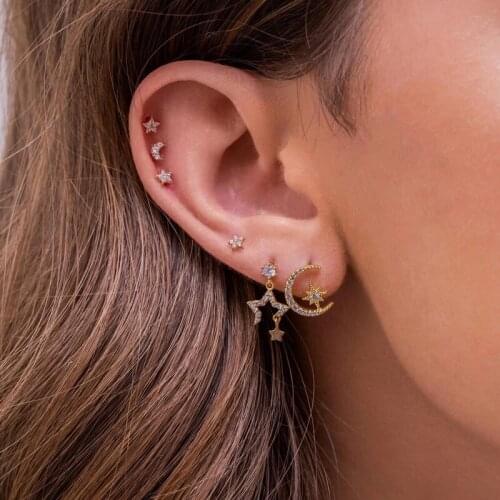 925 Sterling Silver Moon Star Bolt Zircon Mini Earring For 3 Pairs Minimal Minimalist Simple Small Stud CZ Earring Women Jewelry