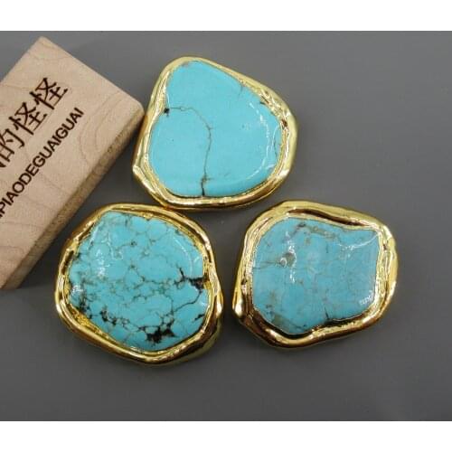 APDGG Wholesale 5 PCS Blue Turquoise Freeform Slice Beads Metal Bezel Connector