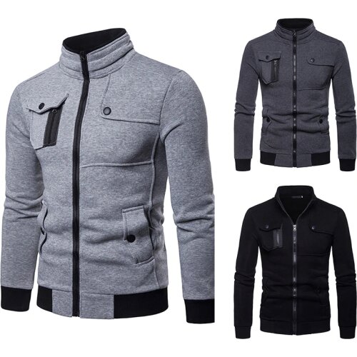 Mens Jacket Long Sleeve Solid Color Stand Collar Zipper Cardigan Jacket Coat with Multi-Pockets Casual Slim Type Tops
