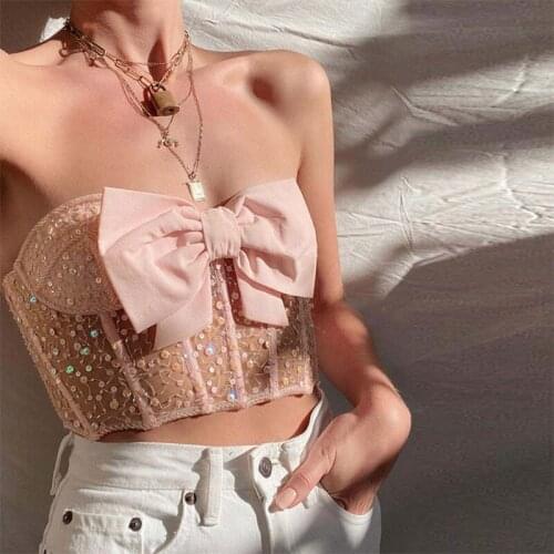 Womens Tank Tops Corsets Sexy Horizontal Neck Out Wear Bowknot Bustiers Bra for Party Club Streetwear