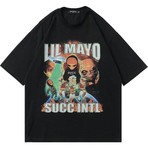 Mourning Alien Short Sleeve T-shirt Mens And Womens Loose Fit Hip Hop Rap Tshirts High Street Clothing Man Tshirt