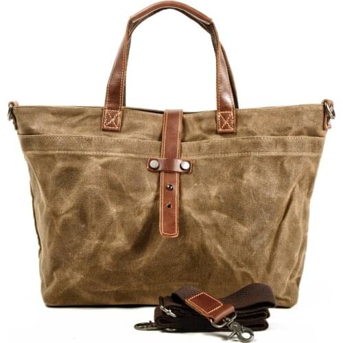 Wax canvas womens bag simple handbag horizontal solid color retro shoulder Messenger bag men fold Tote bag