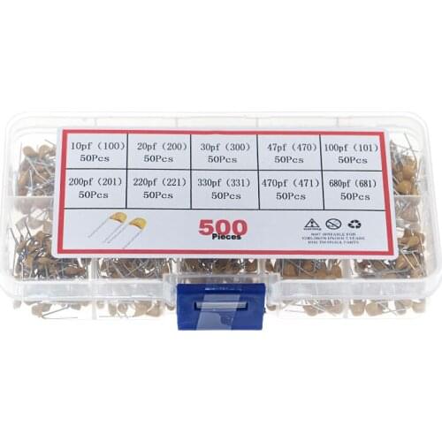 500pcs 10 specifications (10pf, 20pf, 30pf, 47pf, 100pf, 200pf, 220p, 330pf, 470pf, 680pf) inline monolithic capacitors