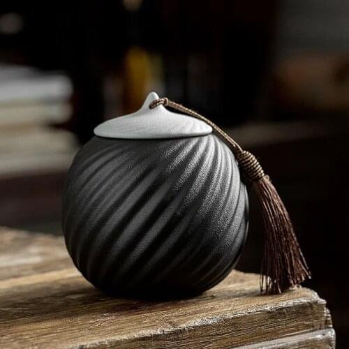 Black Pottery Thread Tea Container Home Office Green Tea Canister Moisture-Proof Seal Tea Caddy Chinese Style Pottery Tea Box