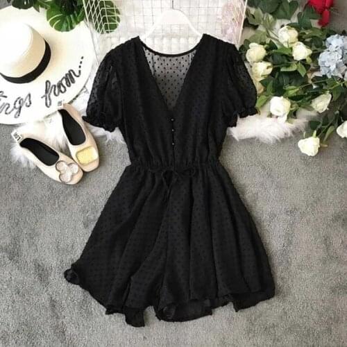 Summer Casual Bodysuit Women Lace Up Romper Wide Leg Jumpsuit V-Neck Chiffon Bechwear Mono Mujer Combinaison Femme