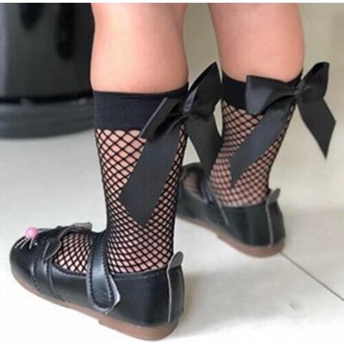 1Pair Kids Baby Girl Mesh Fishnet Socks Fashion Vintage Lace Bow Short Sock Black White