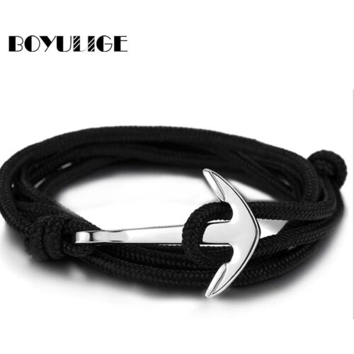 Wholesale Men Summer Navy Style Black Nylon Rope Chain & Link Bracelets Popular Jewelry Anchor Bracelets for Women Male Hot Sale