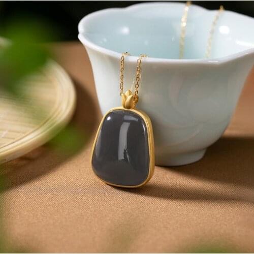 Original S925 Sterling Silver Gold-Plated Natural Hetian Jade Smoke Mauve Jade Lady Temperament Necklace Pendant Necklace Set