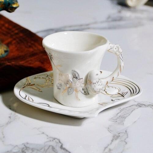 Luxury relief Ceramics Coffee Mug with dish bird Mugs creative Drinkware Coffee Tea Cups Novelty Gifts milk cup 80ml