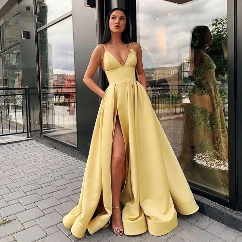Sexy V Neck Satin Evening Dresses Spaghetti Strap Side Slit Prom Dress High Waist Evening Gowns Party Dress Robe de soiree