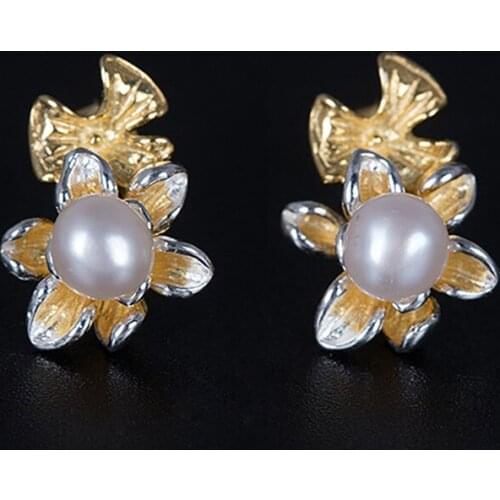 Pearl Earrings 925 Sterling Silver Natural Freshwater Pearl Flower Stud Earrings For Women Gift Fine Pearl Jewelry עגילי פנינה
