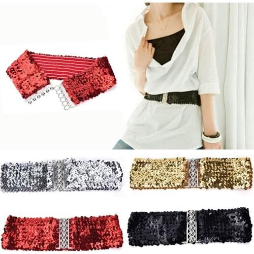 Wide Stretch Belt Gold/Black/Silver Women Shinny Cummerbund High Fashion Metallic Sequin Women Dress Belts Free Size