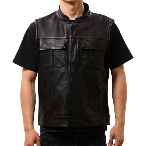 SOA Motorcycle Leather Vest Stand Collar Mens Genuine Cowhide Biker Black Slim Fit Waistcoat Real Leather Sleeveless Jackets 7XL