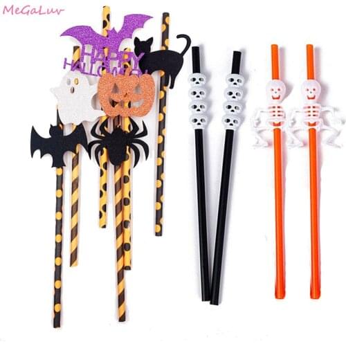 25/20pcs/lot Halloween Paper Straws For Kids Birthday Party Decoration Event Halloween Mixed Colors Pumpkin Skull Drink Straws