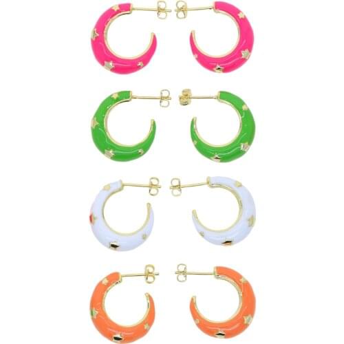 Candy rainbow Neon enamel fashion women jewelry Gold Metal color Moon shape colorful hoop earring