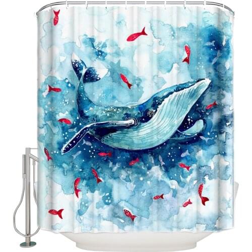 WARMTOUR Shower Curtain Blue Whale Red Fish Watercolor Bath Curtains Bathroom Decor with Hooks