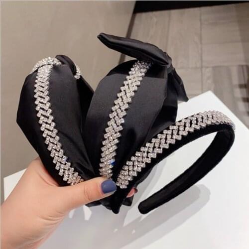 Women Black wide-brimmed headbands simple bow knot new hair accessories with diamond knotted hairbands