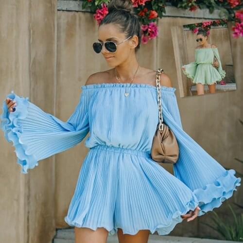 Fashion Off Shoulder Long Sleeve Jumpsuits Elegant Ruffles Wide Leg Rompers Women New Arrival Flare Sleeve Pleated Playsuits