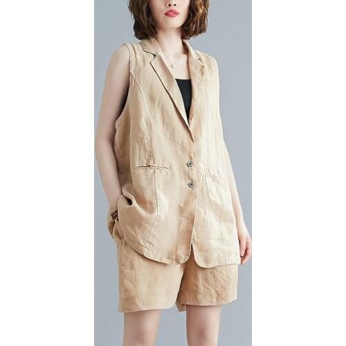 Women suit Linen Sleeveless Casual Single Breasted Turn-down Collar Elastic Waist Solid 2 piece sets womens outfits Mori girl