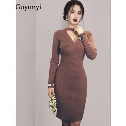 Elegant Office Lady Dress 2021 Autumn Winter Warm High Waist Tight Stretch Knit Dress Simple Long Sleeve Pencil Dress Women