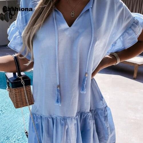 Cashiona Plus Size Women Sexy V-neck Dress Lace-up Beach Dresses Vintage 2021 Summer Casual Short Pleated Dress Femme Clothes