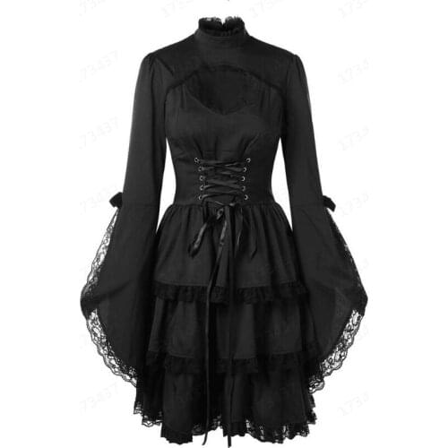 Women New Goth Retro Party Dresses Vintage Elegant Lace Up Elegant Lace Up Gothic Punk Dress Lace Trim Hallow Out Sawing Dress